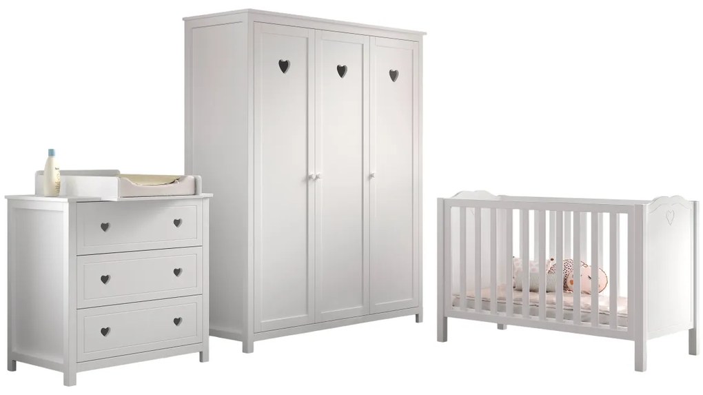 Set Mobilier Cameră Bebeluși AMORI, 3 Piese, Alb (Pin Masiv și MDF), Design Romantic – Vipack