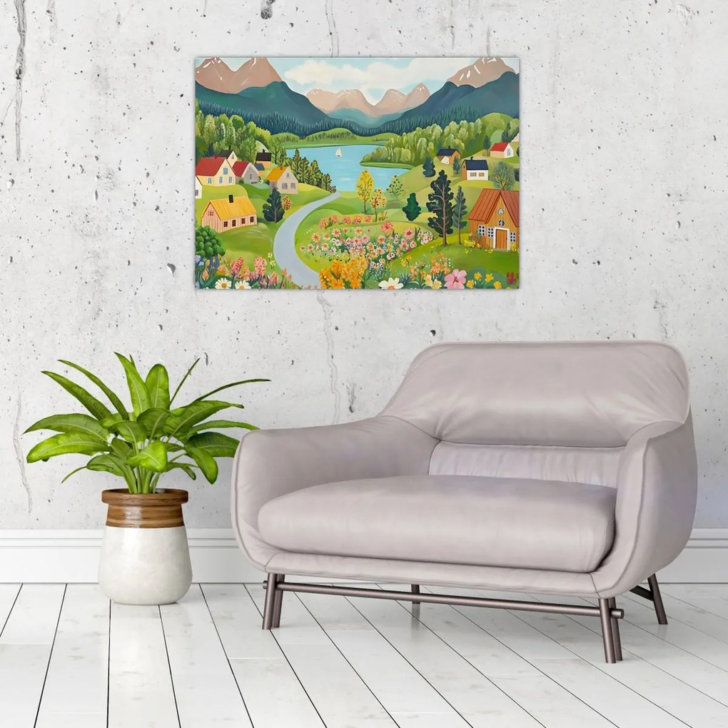 Tablou pe sticlă - Sat în Munți (70x50 cm)