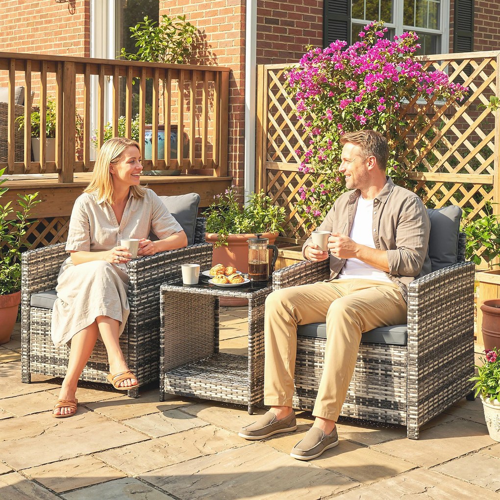 Outsunny Set mobilier exterior 3 piese din rășină împletită, masă și 2 fotolii cu perne, 62x65x75 cm, Gri deschis | Aosom Romania