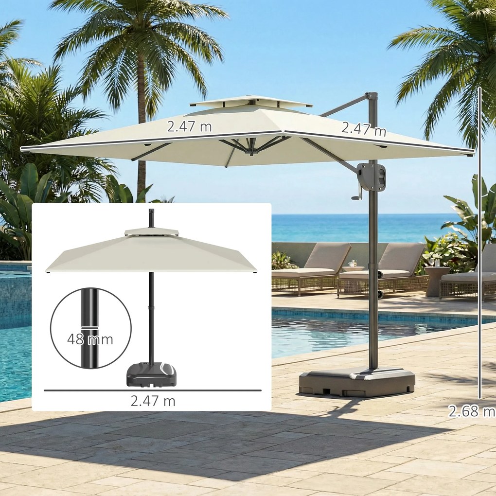 Outsunny Umbrelă cu braț lateral pătrată 2,5 x 2,5 m, umbrelă pentru grădină exterioară, dublă ventilare, înclinabilă, 2 baze, manivelă, Crem | Aosom Romania