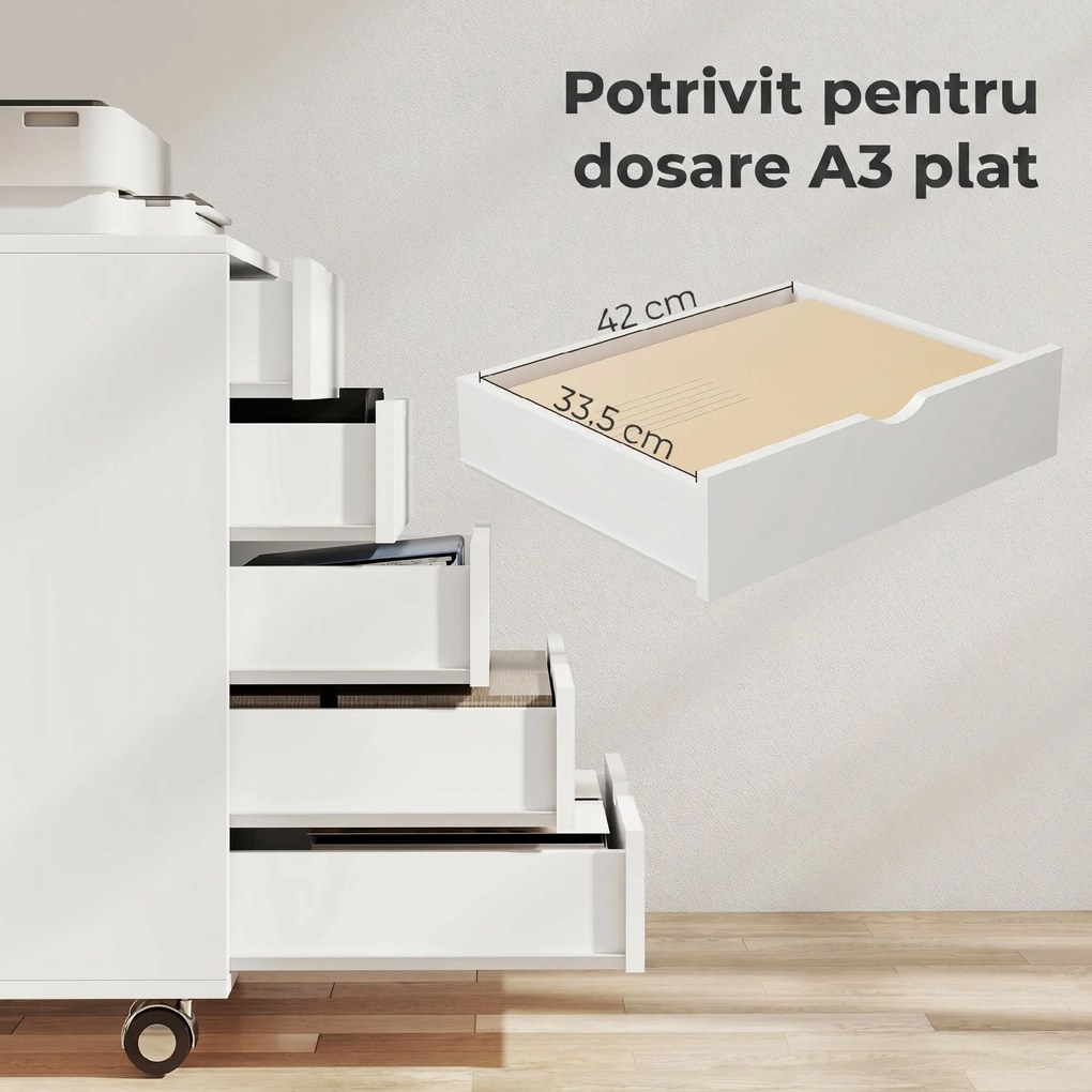 HOMCOM Dulap pentru birou cu 5 sertare pentru documente A3, pe roți și cu încuietoare, 50x40x67.5 cm, alb | Aosom Romania