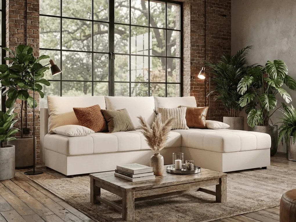 Coltar extensibil de colt VENORIA SLIM, crem, reversibil, 200x143 cm + 2 perne GRATUIT