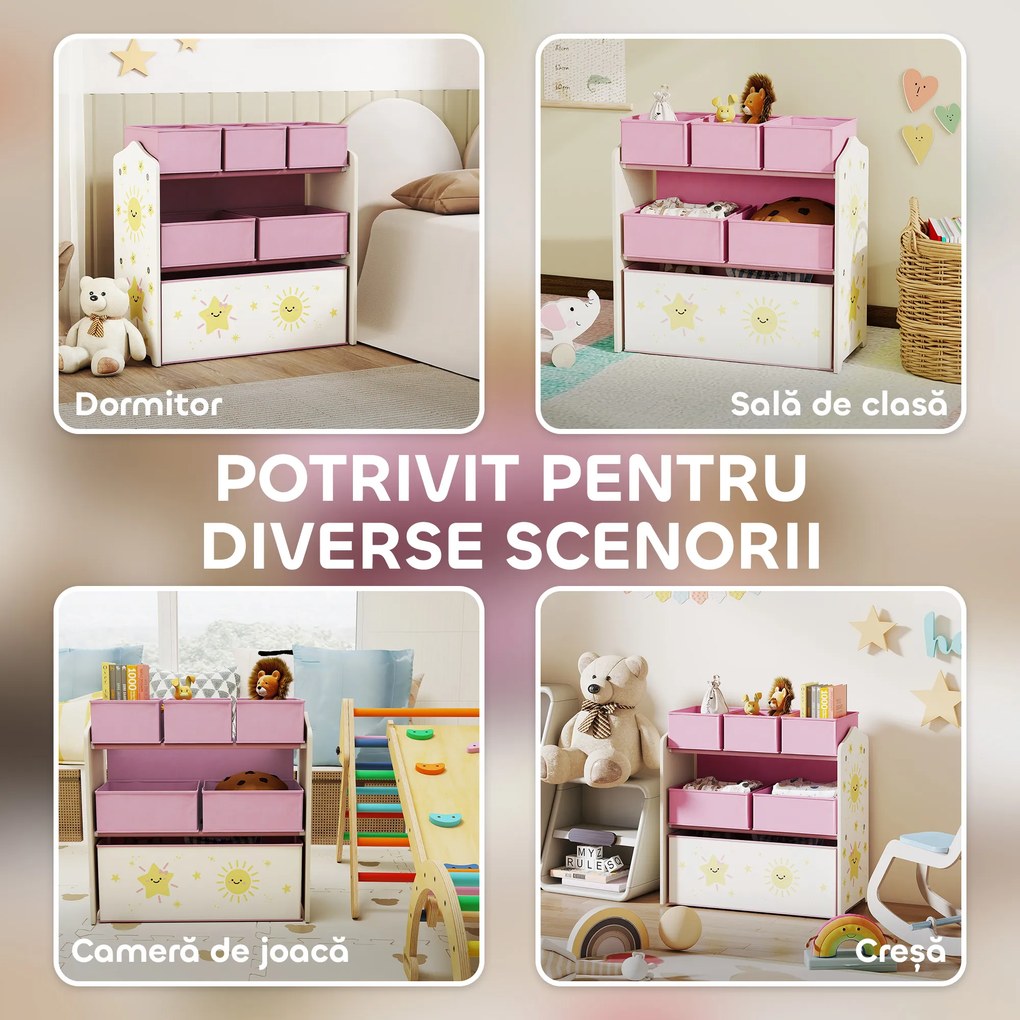 Raft AIYAPLAY pentru Depozitarea Jucăriilor, 3 Niveluri, 6 Cutii Textile Detașabile, Organizator pentru Dormitor, Living și Camera de Joacă, Roz | Aosom Romania