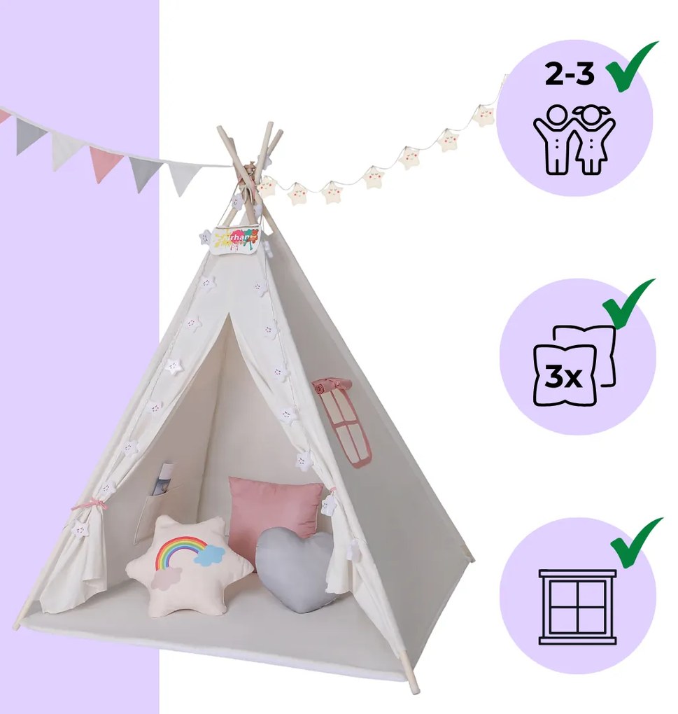 Jurhan Cort tip teepee pentru copii JULIA, 160x120x120cm, bej/roz