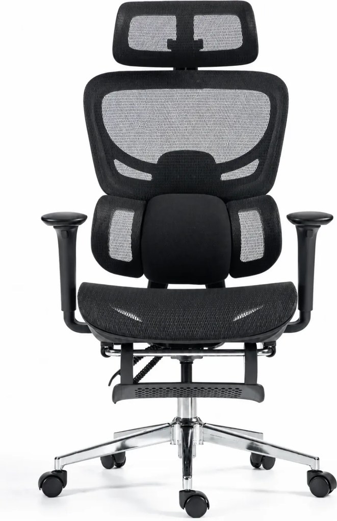 ErgoVanta Mesh — Scaun ergonomic, Suport lombar reglabil, Tetieră 2D, Cotiere reglabile, Mecanism cu blocare, Suport pentru picioare retractabil, Mesh, Negru