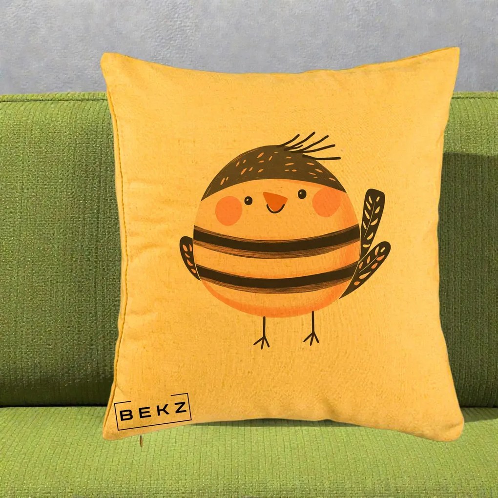 Perna Decorativa Pui Kawaii Bej-Negru Dungat, 40x40 cm, Galben, Husa Detasabila, Perna Inclusa, BEKZ®