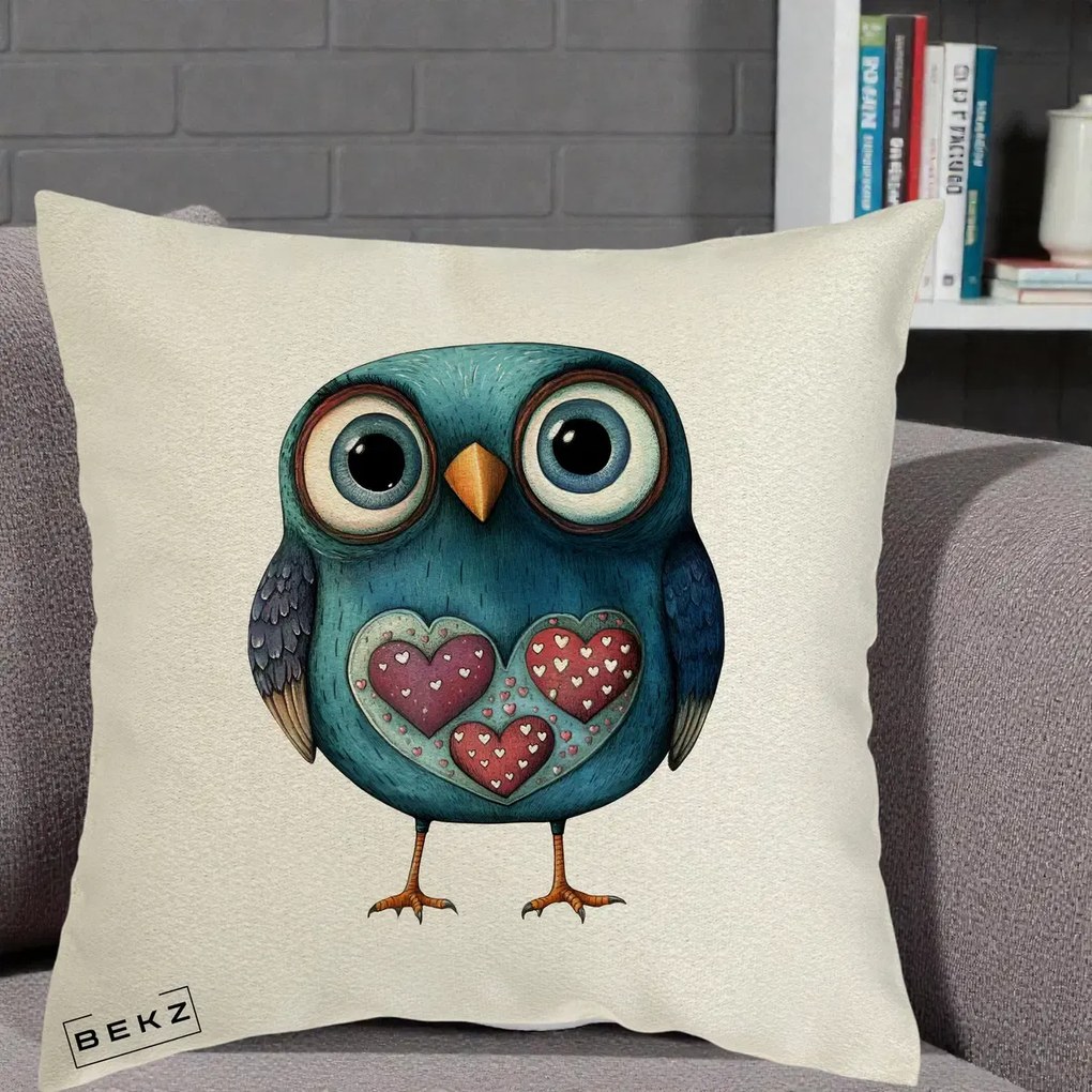 Perna Decorativa Bufnita Teal cu Doua Inimi, 40x40 cm, Ecru, Husa Detasabila, Perna Inclusa, BEKZ®