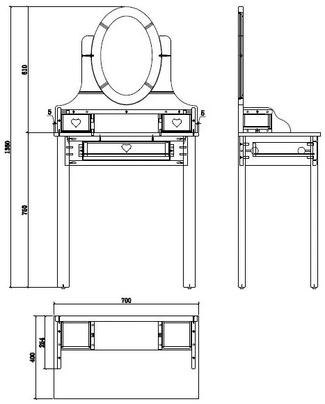 Măsuță de Toaletă AMORI pentru Copii, Alb (Pin Masiv și MDF), Design Romantic – Vipack