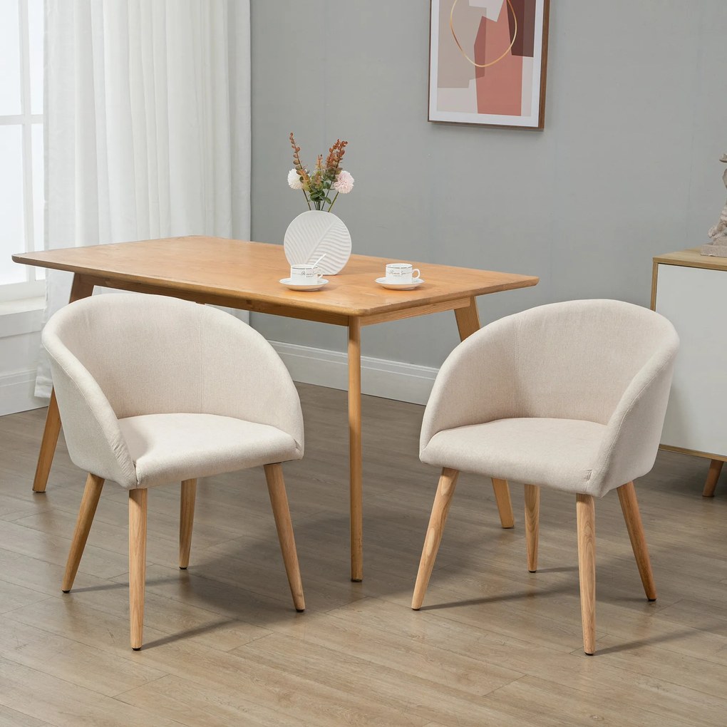 HOMCOM Set de 2 scaune de dining scaun de bucătărie Design scandinav - Picioare inclinate din lemn de cauciuc - Șezut Spătar brațe ergonomice Aspect in Bej | Aosom Romania