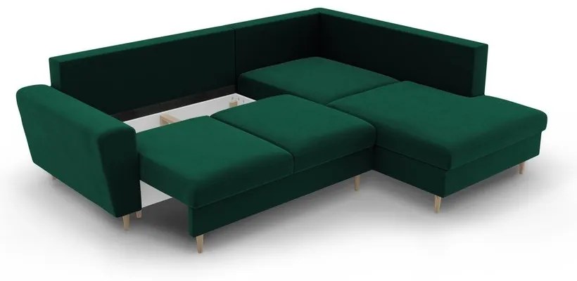 Colțar verde extensibil, cu spațiu de depozitare cu tapițerie din catifea (cu colț pe partea dreaptă-în formă de ”L”) Kyoto – Cosmopolitan Design