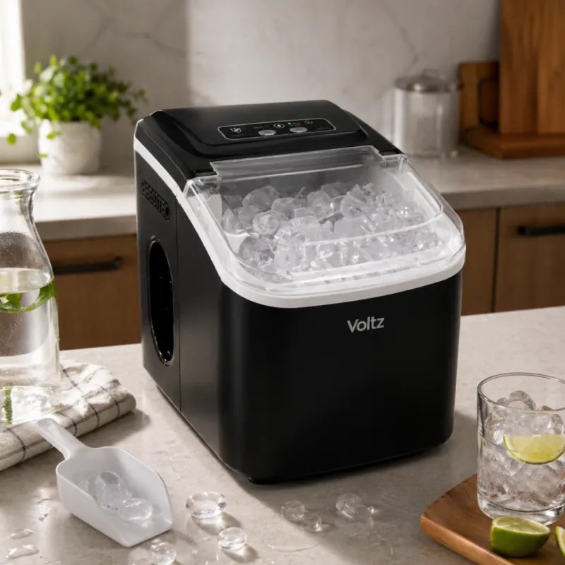 Masina de facut gheata Oliver Voltz OV51447E, 120 W, 0,8 l, 12 kg/24 ore, R600a, Autocuratare, Comanda tactila, Negru