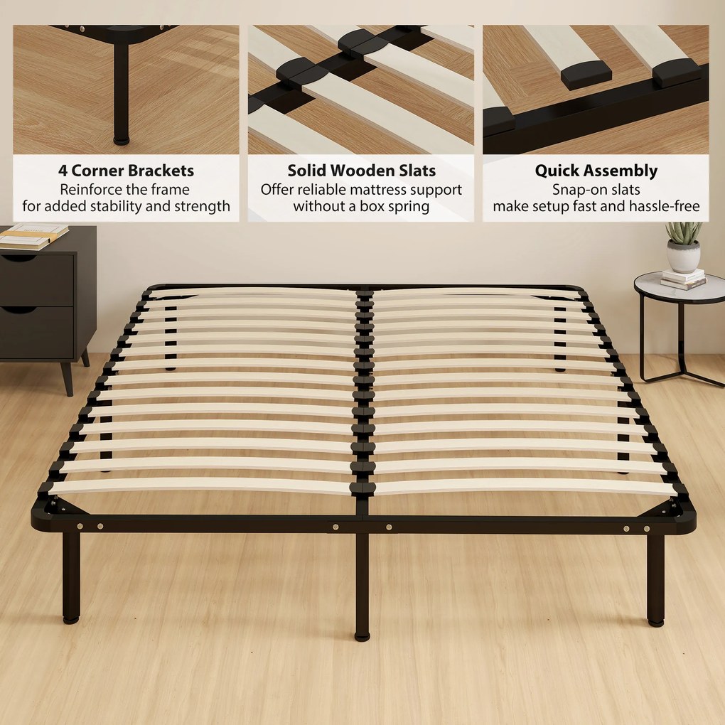 HOMCOM Pat Matrimonial Industrial cu 28 de Doghe și Spațiu de Depozitare, din Lemn și Oțel, 190x160x31 cm, Negru și Lemn | Aosom Romania