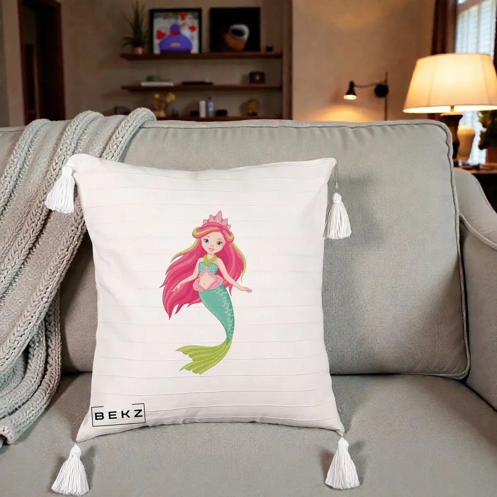 Perna Decorativa Sirena Roz cu Coroana, 40x40 cm, Bej cu Franjuri, Husa Detasabila, Perna Inclusa, BEKZ®