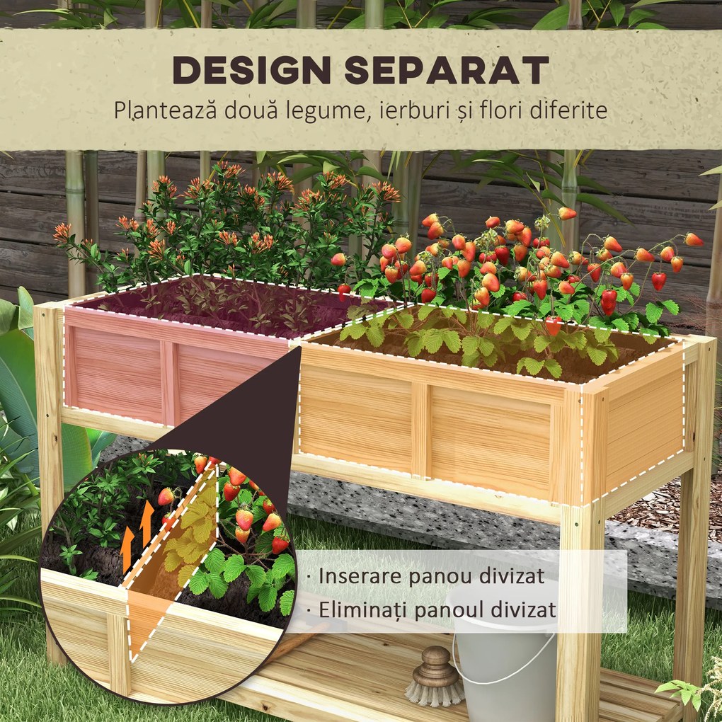 Outsunny Jardinieră pe picioare cu separator detașabil, raft, inserturi pentru irigare, material geotextil de drenaj 115L x 46l x 75Î cm | Aosom Romania