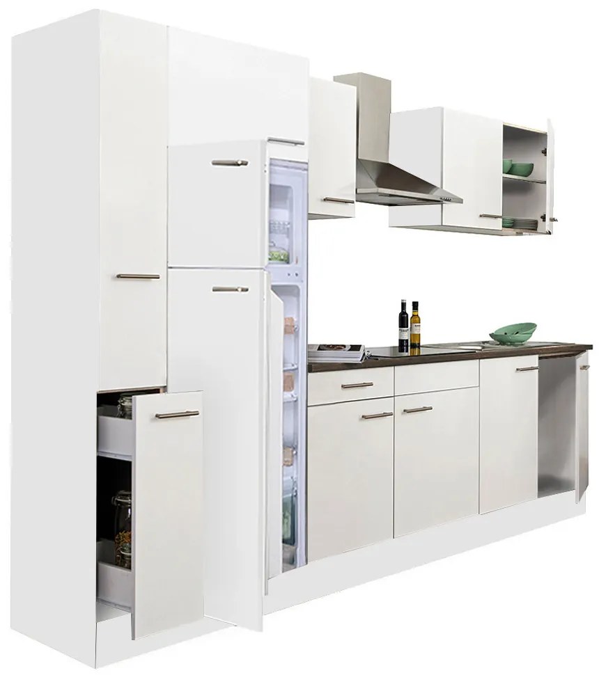 Mobilă de bucătărie Yorki 300, corp alb, față alb satinat, frigider cu congelator superior