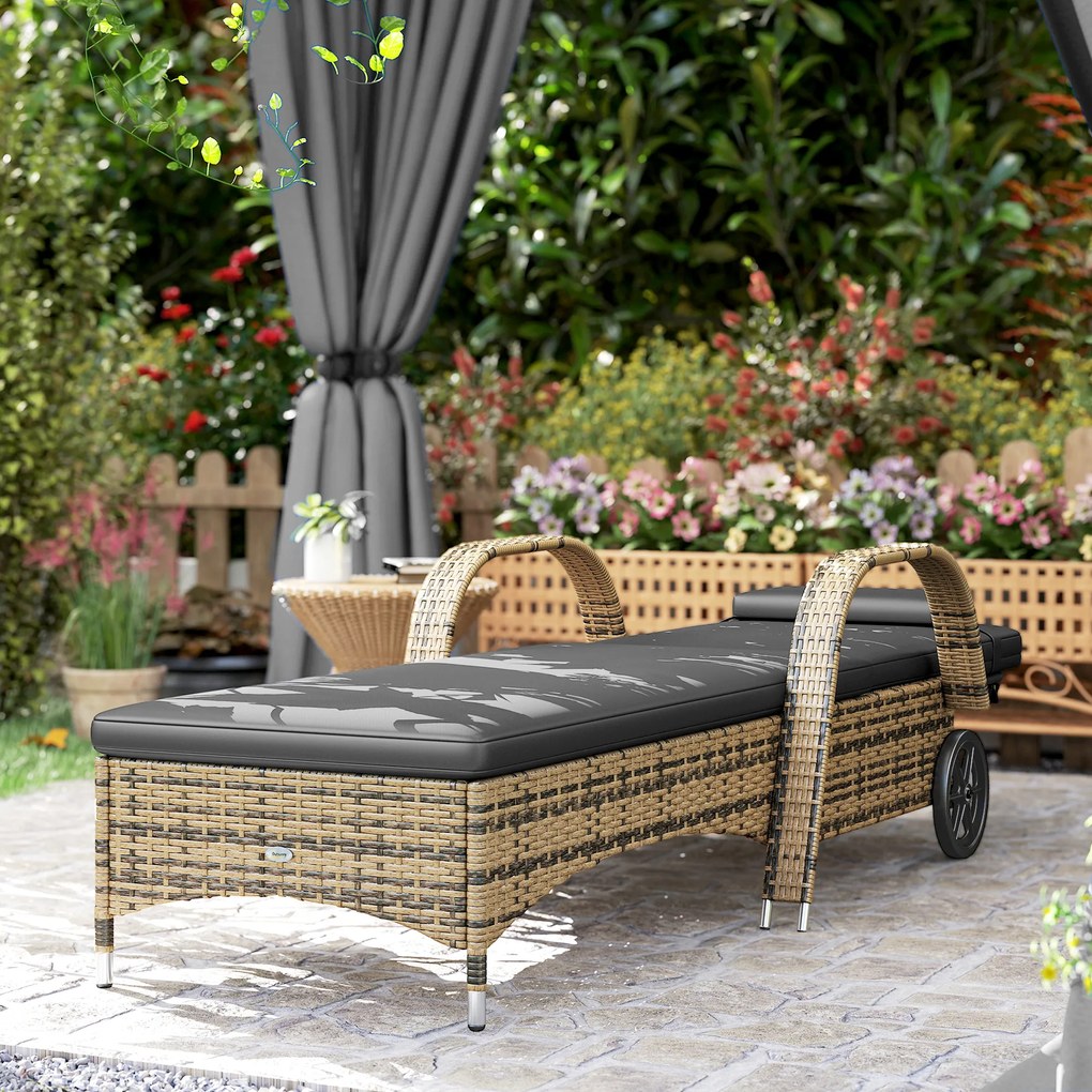 Outsunny Șezlong de soare cu saltea spătar reglabil multipoziții cotiere roți 200 x 73 x 30-103 cm galben | Aosom Romania