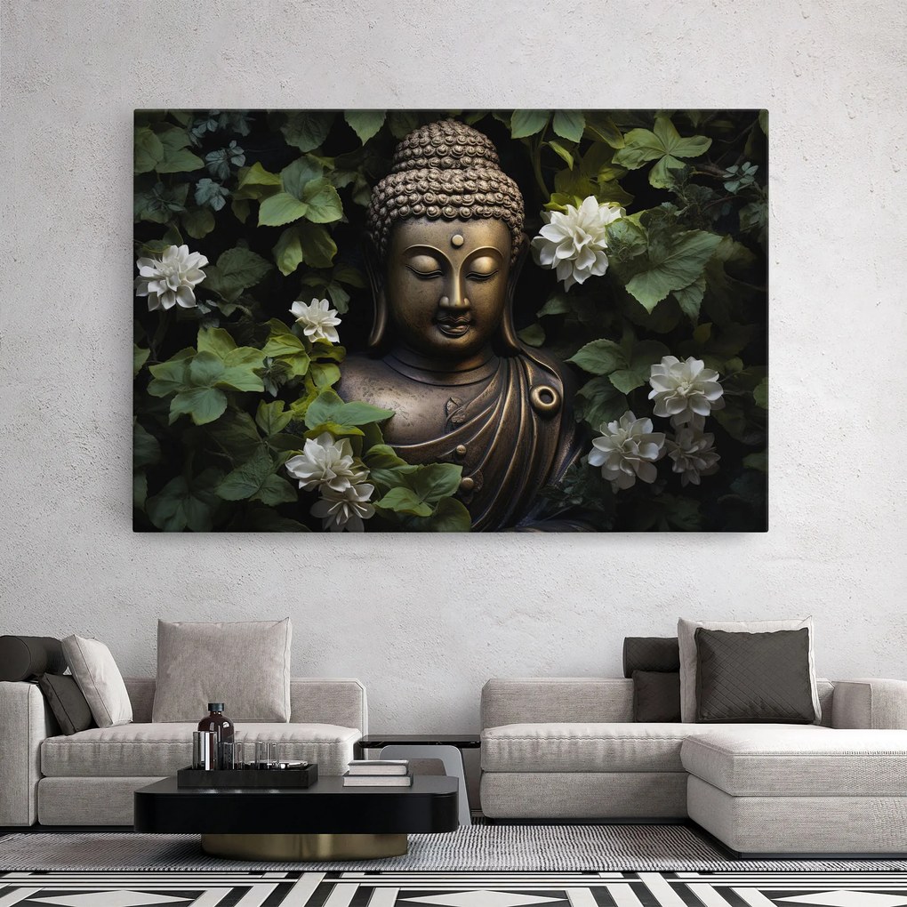 Tablou Canvas, 70x100cm, Dormitor si Living, Moderne, Buddha, White Flowers Buddha