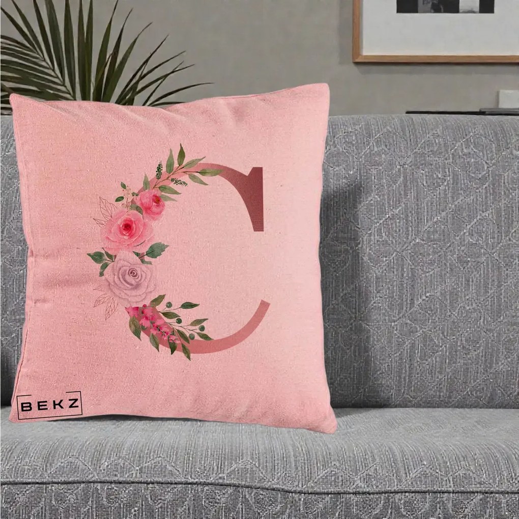 Cadou Personalizat - Perna Personalizata Monograma Rose Gold Litera C, 40x40 cm, Roz, Husa Detasabila, Perna Inclusa, BEKZ®