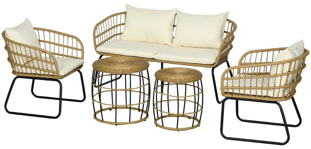 Outsunny Set de mobilier de grădină din răchită, Set de lounge pentru exterior, Stil Boho, Set de 5 piese, 145 x 70 x 78 cm, Crem + Natur + Negru | Aosom Romania