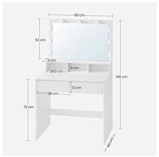 Masa de toaleta, Vasagle, 9 lumini, Alb, RDT120T10, 40 x 80 x 140 cm