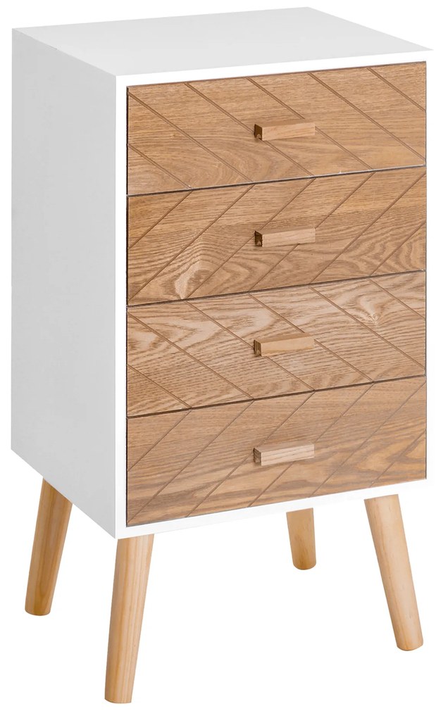 Homcom Cassettiera in Legno 4 Cassetti, Bianco e Legno, 40x30x75cm