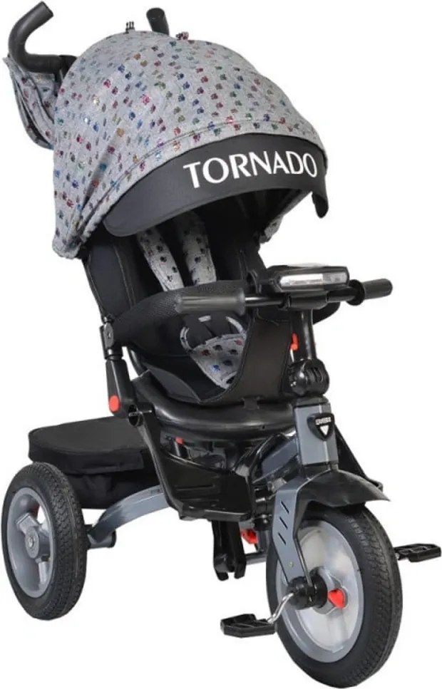 Tricicleta cu copertina Novokids™ Tornado , Cu melodii si lumini, Roti gomflabile din cauciuc, Pozitie somn, Scaun reversibil cu invartire 360 grade