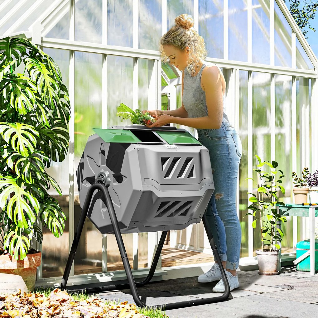 Outsunny Compostor Rotativ cu 2 Secțiuni și 8 Prize de Aerisire din Oțel și PP, 160L, 71x65x96 cm, Gri | Aosom Romania