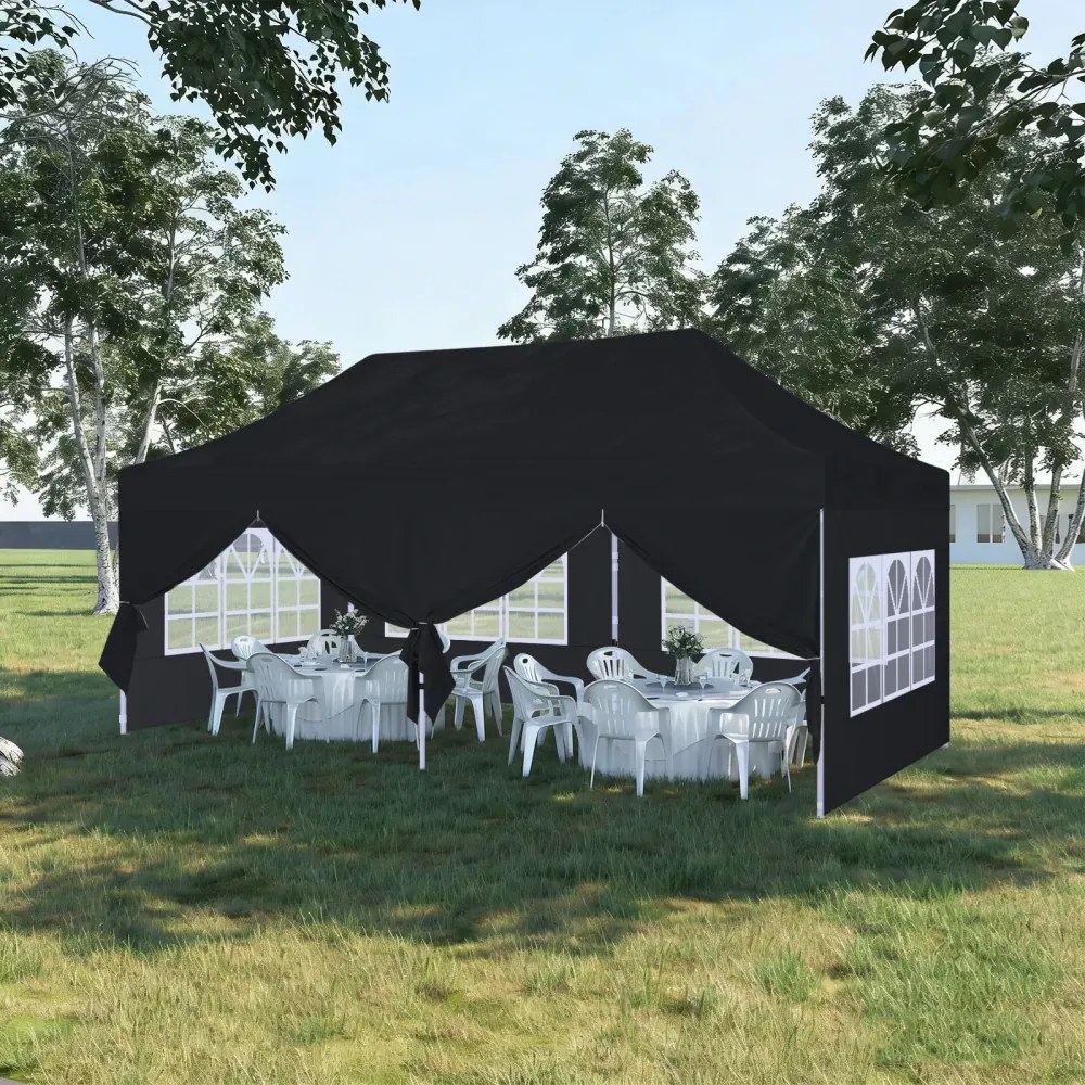 ABCCANOPY – Cort pavilion pliabil 6x3 m, înălțime reglabilă 3 trepte, pereți cu ferestre transparente, impermeabil, Negru,