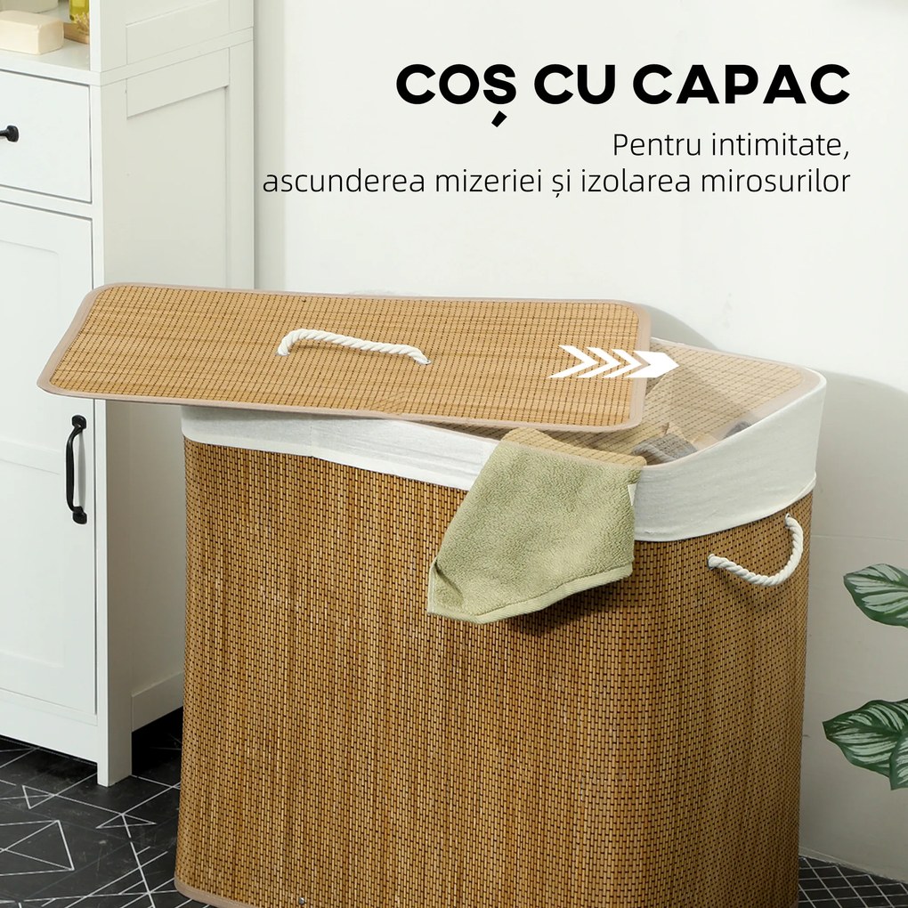 HOMCOM Coș pentru Rufe din Bambus cu Capac, 144L, 3 Compartimente, Sac Detașabil și Lavabil, Mânere, Maro | Aosom Romania