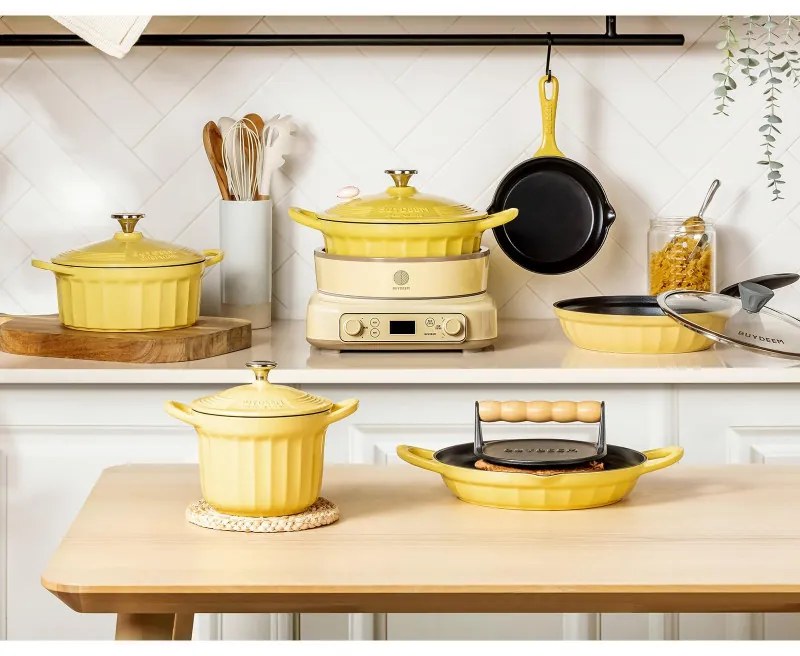 Cratita BUYDEEM CP141, 1.8 l, Capac din sticla, Aluminiu turnat, Fara PFOA, Acoperire antiaderenta, Galben