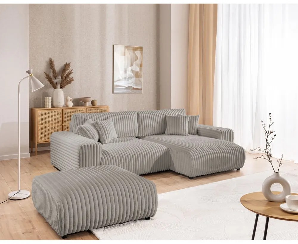 Colțar gri deschis extensibil, cu spațiu de depozitare, cu tapițerie din catifea reiată (cu colț pe partea dreaptă) Sarina – Ropez