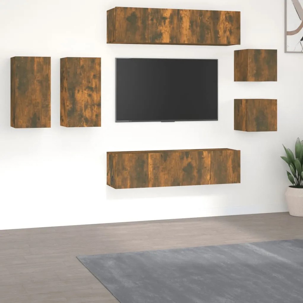 3120284 vidaXL Set dulap TV, 8 piese, stejar fumuriu, lemn prelucrat