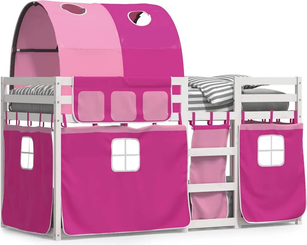 vidaXL Pat supraetajat cu perdele, roz, 90x200 cm, lemn masiv pin