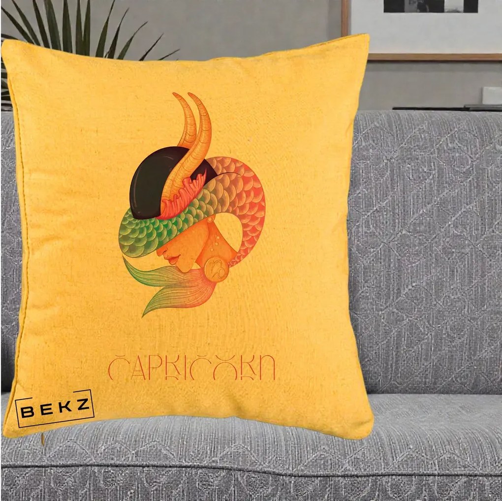 Perna Personalizata Zodiac Capricorn Cowgirl, 40x40 cm, Galben, Husa Detasabila, Perna Inclusa, BEKZ®