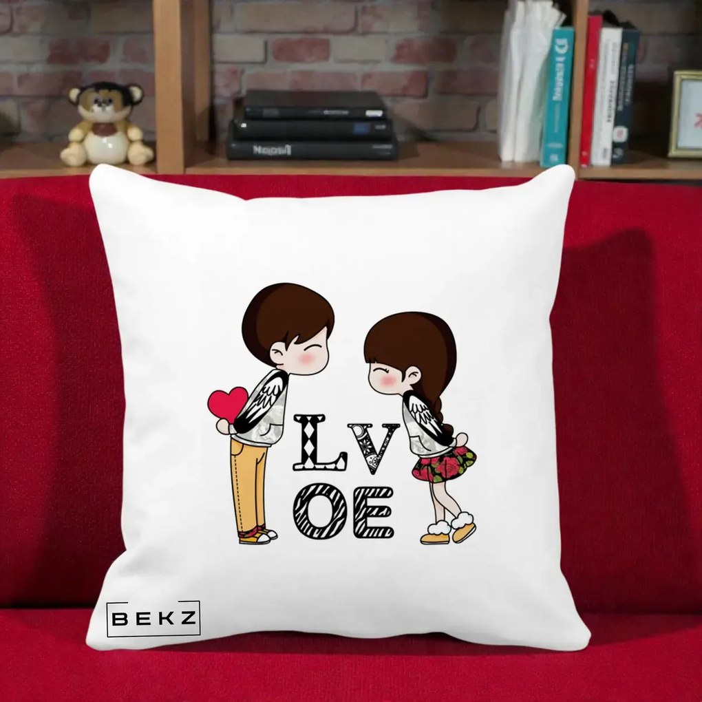 Cadou Romantic - Perna Personalizata Cuplu Kawaii LOVE, 40x40 cm, Alba Mata, Husa Detasabila, Perna Inclusa, BEKZ®