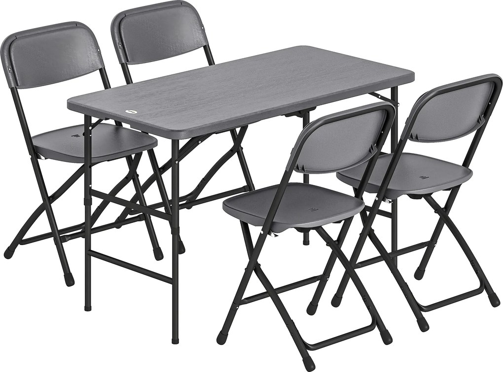 Outsunny Set Masă și Scaune Pliabile de Grădină, 5 Piese, Masă Reglabilă cu Blat HDPE Efect Lemn și 4 Scaune, Set Mobilier Exterior pentru Terasă și Balcon, Gri Închis | Aosom Romania