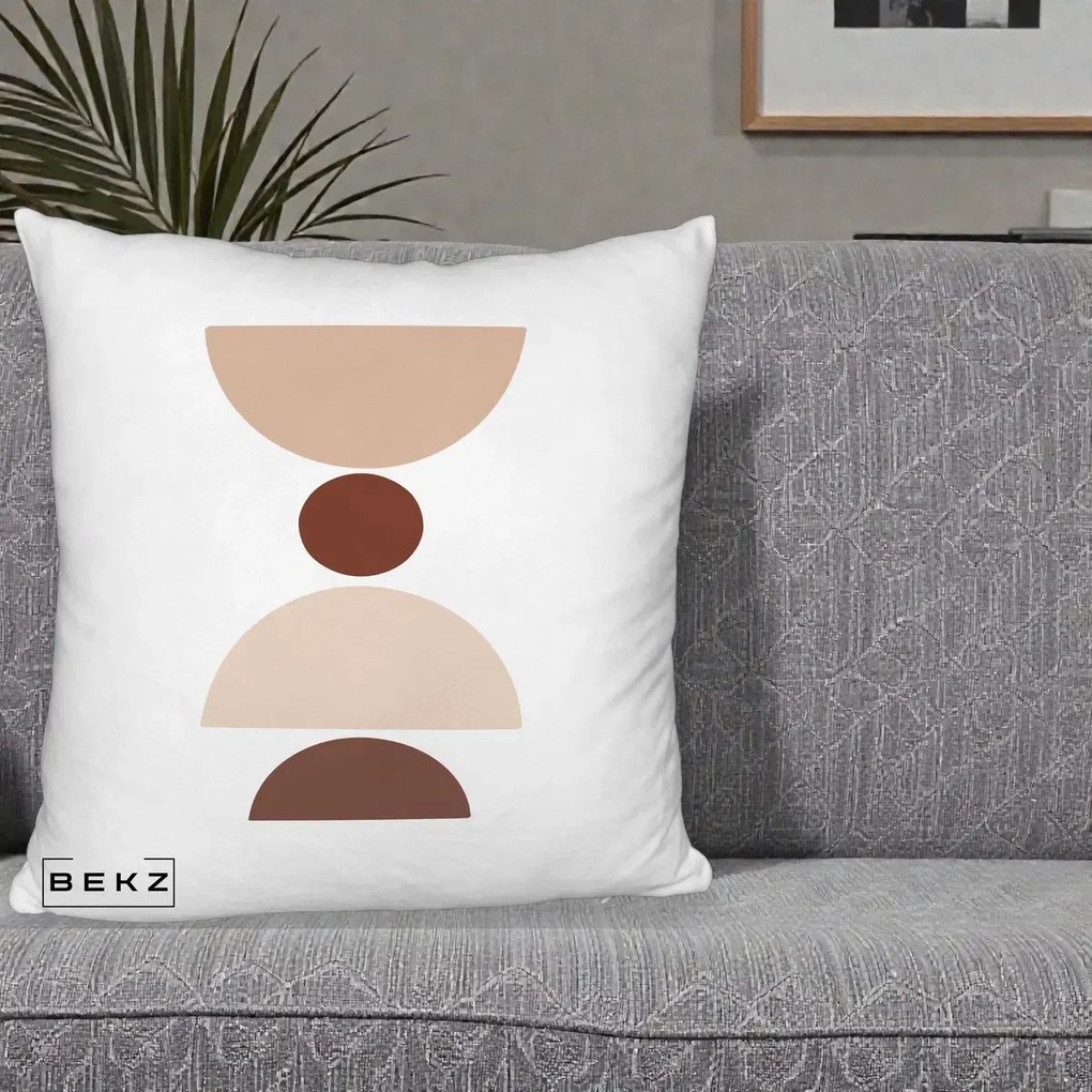 Perna Decorativa Geometric Boho Cerc si Boluri, 40x40 cm, Alb Pufos, Husa Detasabila, Perna Inclusa, BEKZ®