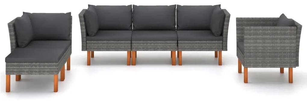 Set mobilier gradina 6 piese gri poliratan lemn de eucalipt Gri, 3x canapea de colt + canapea de mijloc + fotoliu + suport pentru picioare, 1