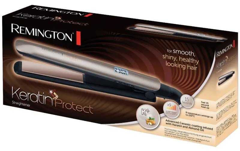 Placa de indreptat parul Remington S8540 Keratin Protect, Placi ceramice, 9 trepte temperatura, Display LCD, Bronz/Negru