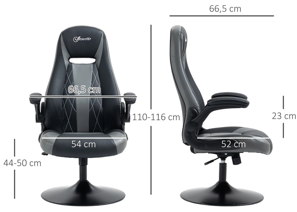 Vinsetto Scaun de gaming ergonomic cu bază rotundă din metal pivotantă 360° înălțime reglabilă pernă pentru gât brațe rabatabile PVC gri negru | Aosom Romania