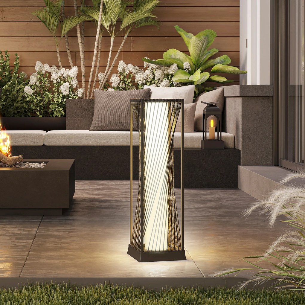 Outsunny Lampă solară în picioare din rattan cu senzor de lumină 25 LED-uri, stil Boho, IP44, rezistentă la stropire, Negru+Gri | Aosom Romania