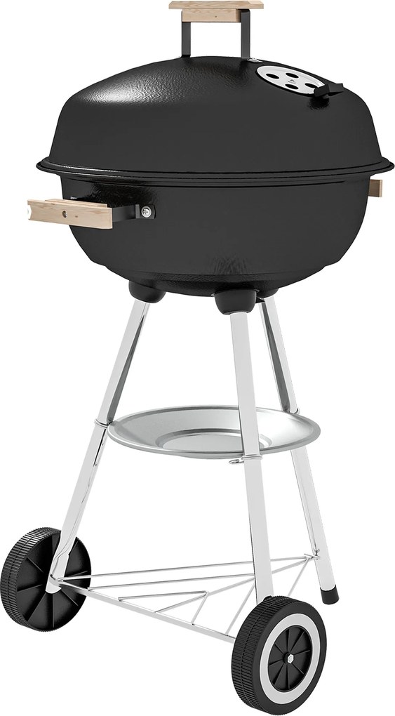 Outsunny Grătar cu Cărbuni, Grilaj Metalic, Capac, Orificii de Aerisire, Roți, Raft și Mâner, 48x56x94 cm, Negru | Aosom Romania