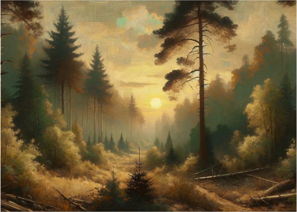 Tablou pe sticlă - Soare strălucind prin pădure (70x50 cm)