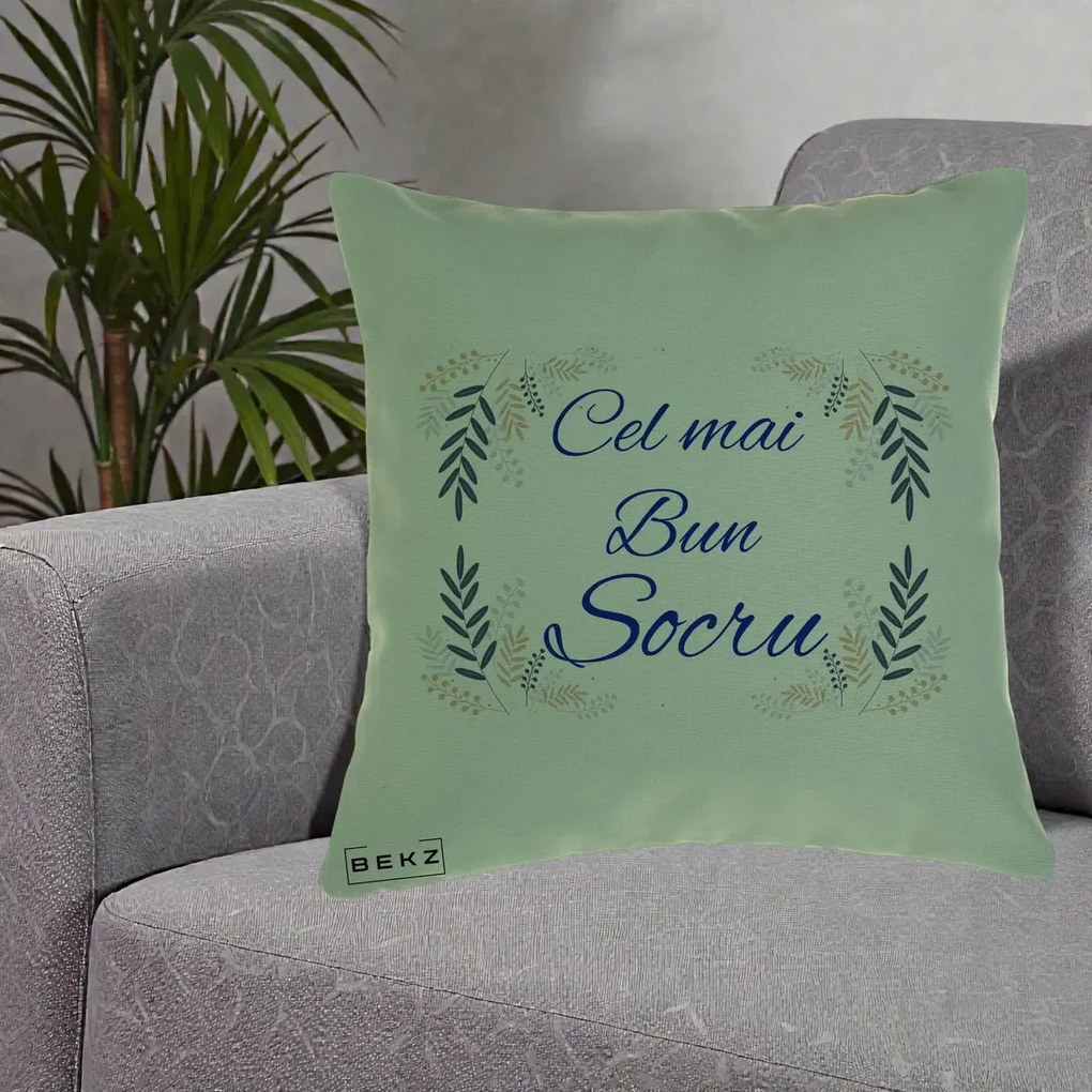Cadou pentru Socru - Perna Personalizata Cel mai Bun Socru cu Ramuri Frunze Albastre si Aurii, 40x40 cm, Verde, Husa Detasabila, Perna Inclusa, BEKZ®