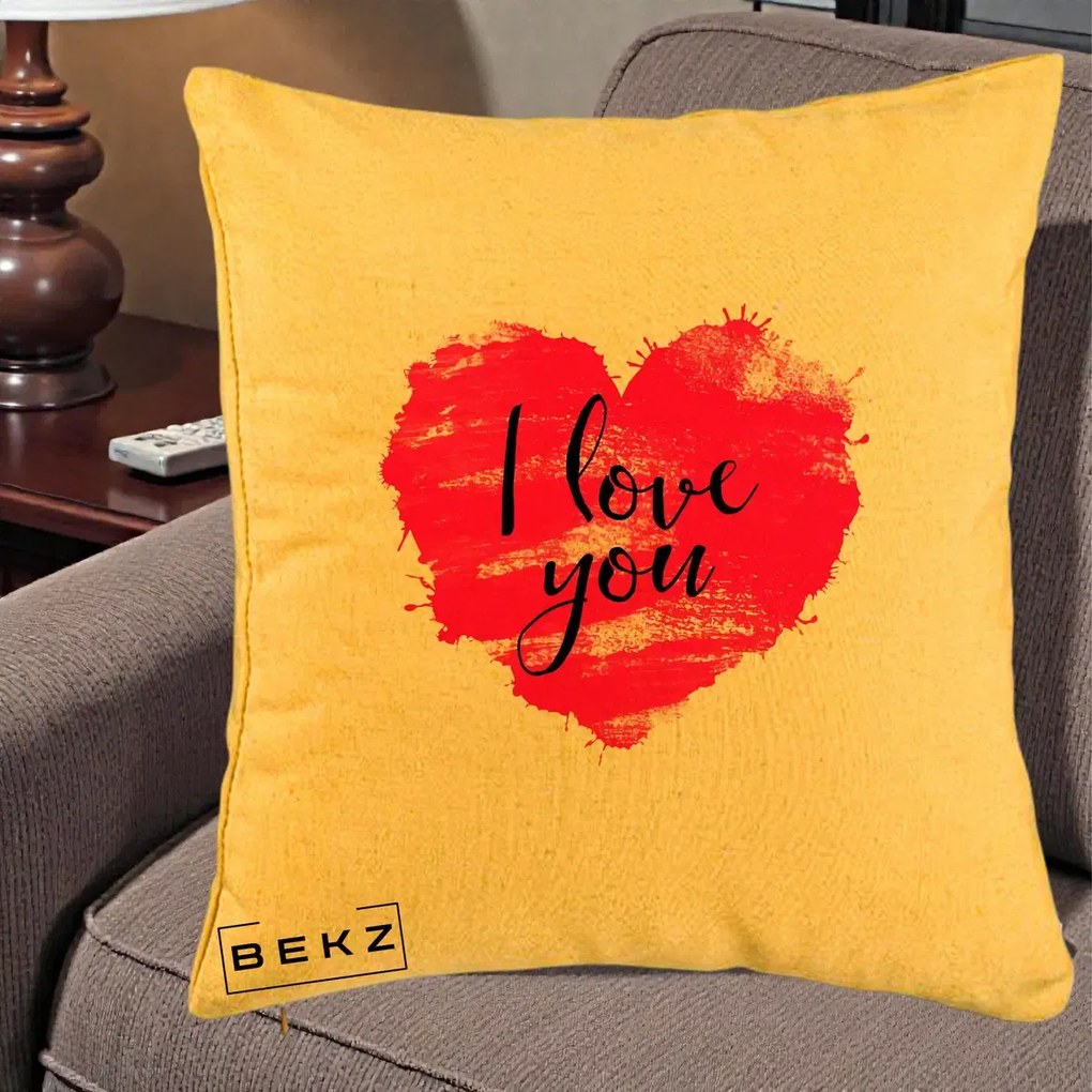 Cadou Romantic - Perna Personalizata I Love You Inima Roz, 40x40 cm, Galben, Husa Detasabila, Perna Inclusa, BEKZ®