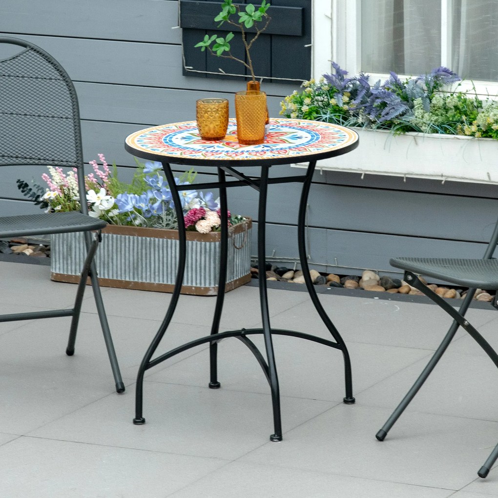 Outsunny masă de grădină Ø60 cm, rezistentă la intemperii, din metal, masă de exterior și camping, roșu albastru alb | Aosom Romania