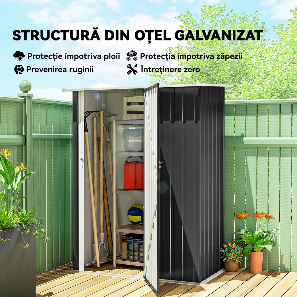 Outsunny Căsuță de Grădină 1.07m² din Oțel Zincat, Adăpost pentru Unelte cu Ușă Blocabilă, Acoperiș Înclinat, 142x86x189 cm, Gri Închis | Aosom Romania