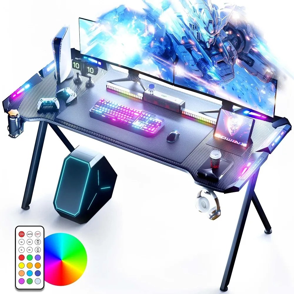 DOWINX Birou de Gaming RGB cu Iluminare Multicoloră și Design din Fibră de Carbon, Telecomanda, Mouse pad impermeabil, 160 cm, Negru