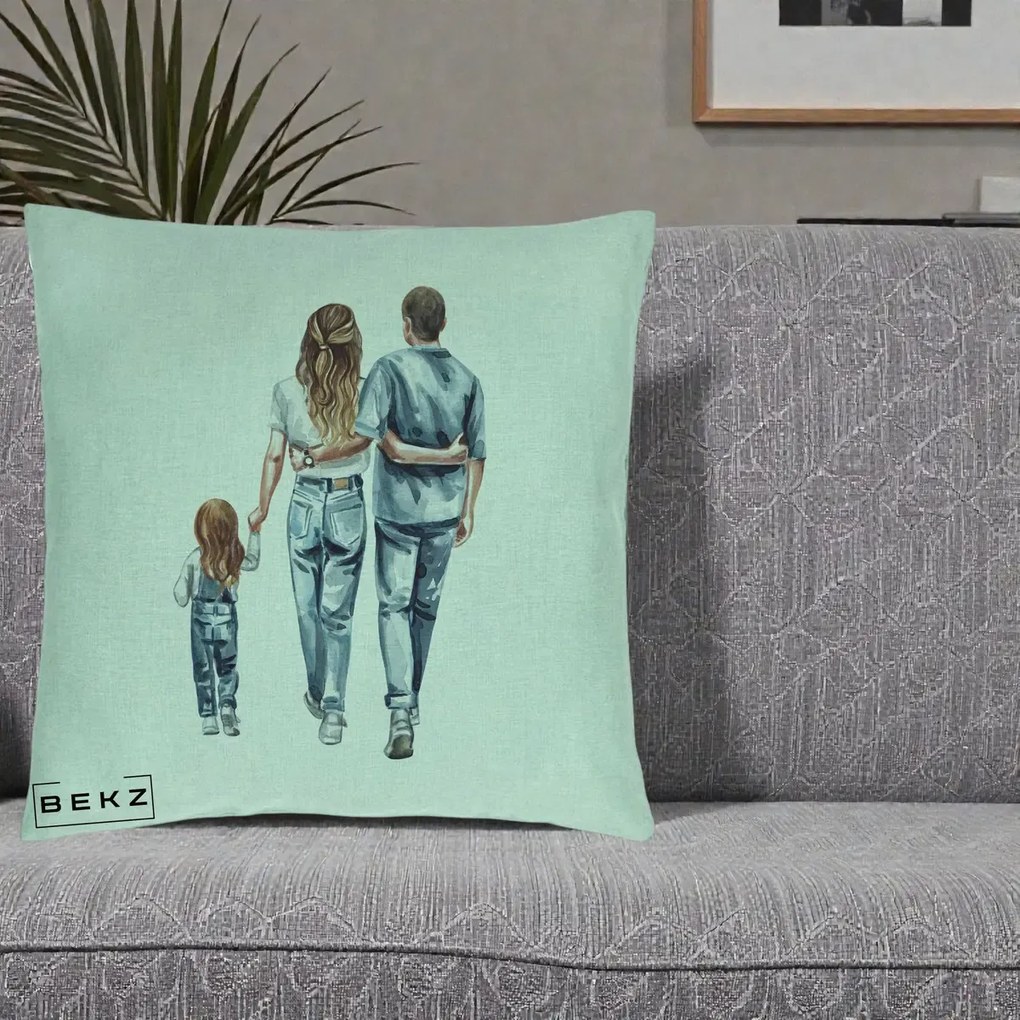 Cadou pentru Familie - Perna Personalizata Familie Acuarela Jeans, 40x40 cm, Verde Menta, Husa Detasabila, Perna Inclusa, BEKZ®