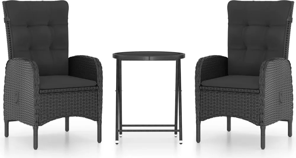 vidaXL Set mobilier bistro grădină, 3 piese, negru, poliratan/sticlă